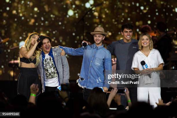 Singer Rachel Platten, actor Anthony Gonzalez, singers Jack Johnson, Jack Gilinsky, and Olivia Holt speak at Key Arena on May 3, 2018 in Seattle,...