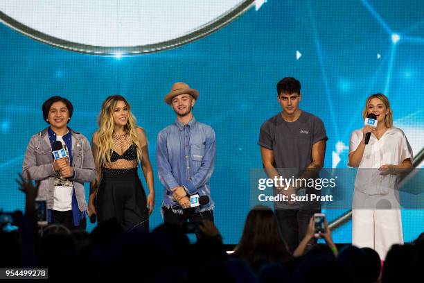 Actor Anthony Gonzalez, singer Rachel Platten, singers Jack Johnson and Jack Gilinsky, and actress Olivia Holt speak at Key Arena on May 3, 2018 in...