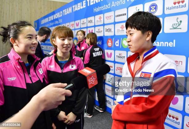 North Korean table tennis player Kim Song I is interviewed on May 3 as North and South Korea became set to compete in a unified team in a semifinal...