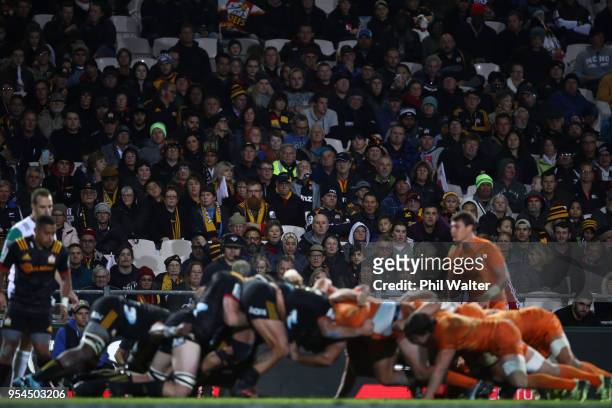 The scrum packs down during the round 12 Super Rugby match between the Chiefs and the Jaguares at Rotorua International Stadium on May 4, 2018 in...