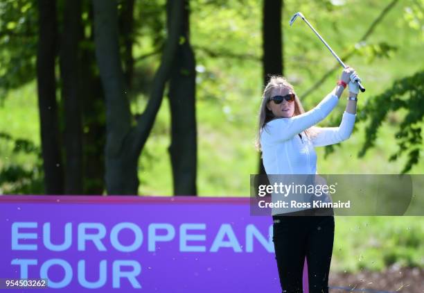 Presenter Anna Whiteley plays a shot on the 3rd hole during the ProAm tournament ahead of the GolfSixes at The Centurion Club on May 4, 2018 in St...