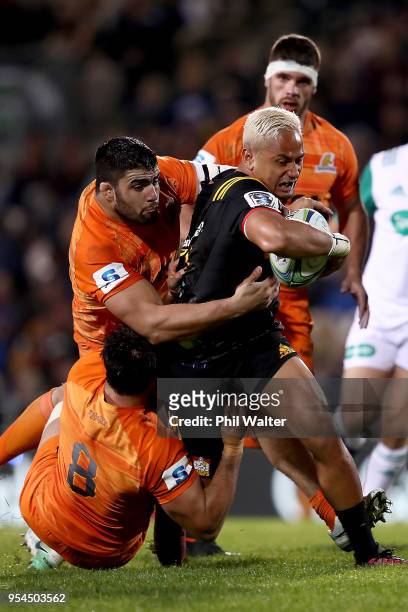Toni Pulu of the Chiefs is tackled during the round 12 Super Rugby match between the Chiefs and the Jaguares at Rotorua International Stadium on May...