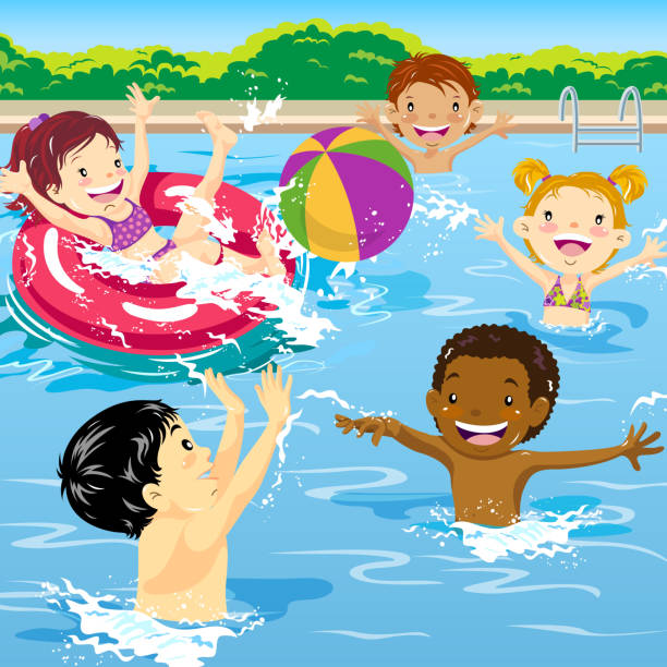 illustrations, cliparts, dessins animés et icônes de enfants jouant dans la piscine - toboggan piscine