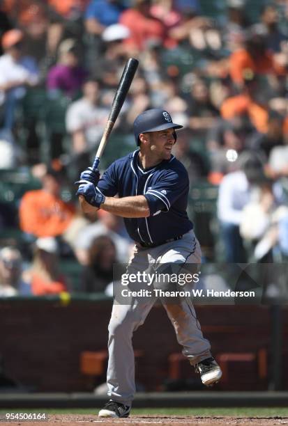 Matt Szczur of the San Diego Padres bats against the San Francisco Giants in the top of the six inning at AT&T Park on May 2, 2018 in San Francisco,...