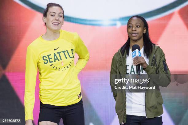 Seattle Storm WNBA players Breanna Stewart and Jewell Loyd speak on stage during WE Day at KeyArena on May 3, 2018 in Seattle, Washington.
