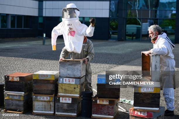 Beekeepers install beehives as they demonstrate near the Chamber of Agriculture, in Rennes, western France, on May 4 to highlight the death of 20 000...