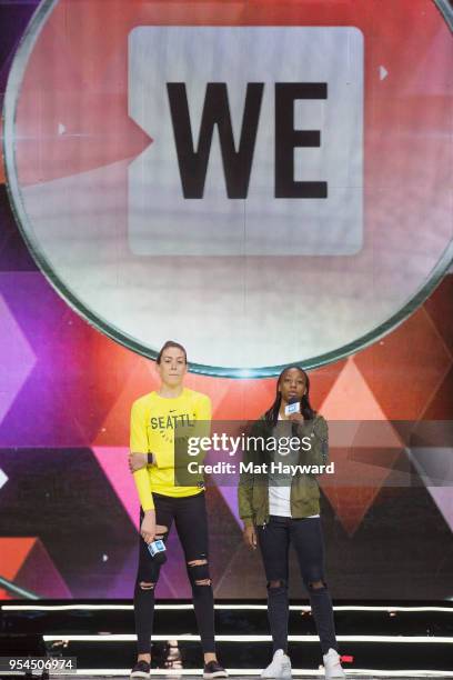 Seattle Storm WNBA players Breanna Stewart and Jewell Loyd speak on stage during WE Day at KeyArena on May 3, 2018 in Seattle, Washington.