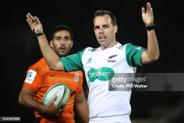 Referee Mike Fraser during the round 12 Super Rugby match between the Chiefs and the Jaguares at Rotorua International Stadium on May 4, 2018 in...
