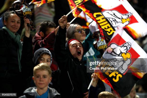 Chiefs fans during the round 12 Super Rugby match between the Chiefs and the Jaguares at Rotorua International Stadium on May 4, 2018 in Rotorua, New...