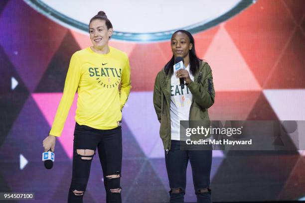 Seattle Storm WNBA players Breanna Stewart and Jewell Loyd speak on stage during WE Day at KeyArena on May 3, 2018 in Seattle, Washington.
