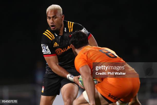 Toni Pulu of the Chiefs makes a break during the round 12 Super Rugby match between the Chiefs and the Jaguares at Rotorua International Stadium on...