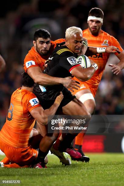 Toni Pulu of the Chiefs is tackled during the round 12 Super Rugby match between the Chiefs and the Jaguares at Rotorua International Stadium on May...