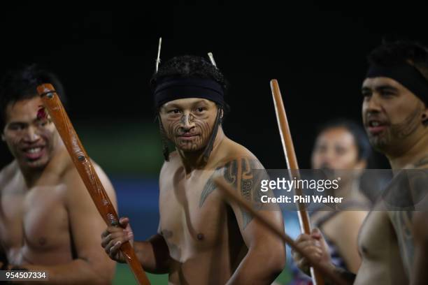The teams are greeted with a cultural welcome during the round 12 Super Rugby match between the Chiefs and the Jaguares at Rotorua International...