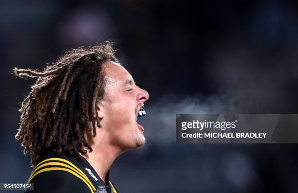 Jesse Parete of the Chiefs celebrates his try during the Super Rugby match between the Waikato Chiefs of New Zealand and the Jaguares of Argentina at...