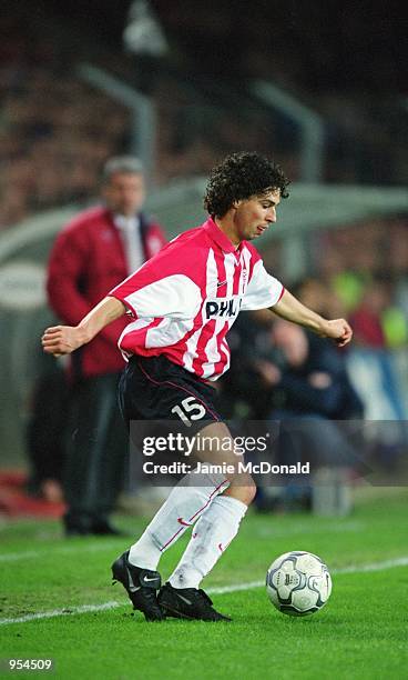 John De Jong of PSV Eindhoven controls the ball during the UEFA Cup Quarter Finals second leg match against Kaiserslautern played at the Philips...
