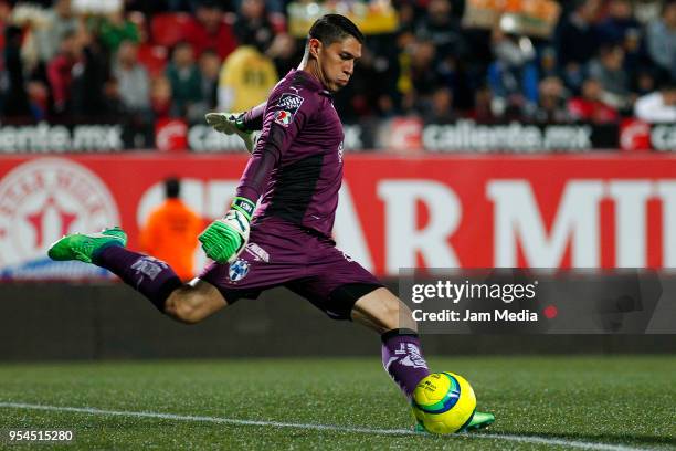 Hugo Gonzalez goalkeeper of Monterrey kicks the ball during to the quarter finals first leg match between Tijuana and Monterrey as part of the Torneo...