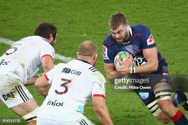 Geoff Parling of the Rebels runs with the ball during the round 12 Super Rugby match between the Rebels and the Crusaders at AAMI Park on May 4, 2018...