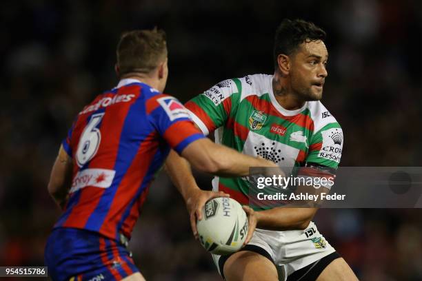 John Sutton of the Rabbitohs in action during the round nine NRL match between the Newcastle Knights and the South Sydney Rabbitohs at McDonald Jones...