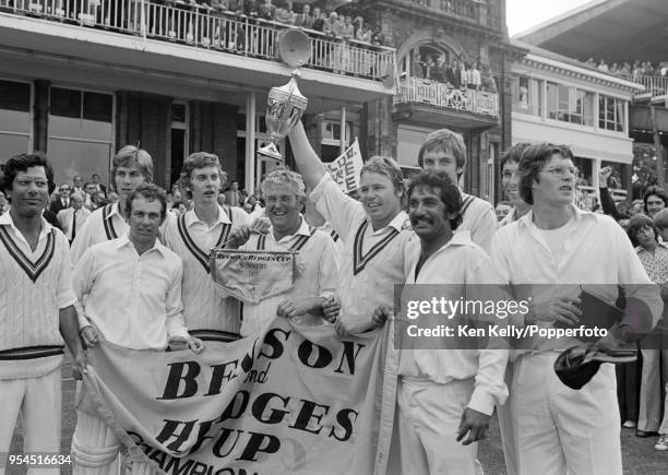 Gloucestershire captain Mike Procter and his teammates celebrate winning the Benson and Hedges Cup Final against Kent by 64 runs at Lord's Cricket...