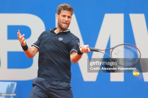 Martin Klizan of Slovakia plays a fore hand during his 3rd round match against Hyeon Chung of Korea on day 7 of the BMW Open by FWU at MTTC IPHITOS...