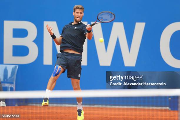 Martin Klizan of Slovakia plays a fore hand during his 3rd round match against Hyeon Chung of Korea on day 7 of the BMW Open by FWU at MTTC IPHITOS...