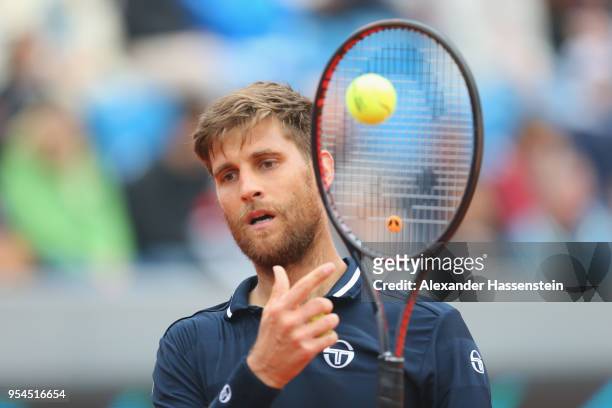 Martin Klizan of Slovakia reacts during his 3rd round match against Hyeon Chung of Korea on day 7 of the BMW Open by FWU at MTTC IPHITOS on May 4,...