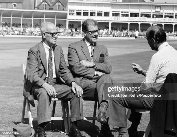 Harold Larwood and Bill Voce, both former England and Nottinghamshire bowlers, are interviewed for television by Peter West during the 3rd Test match...