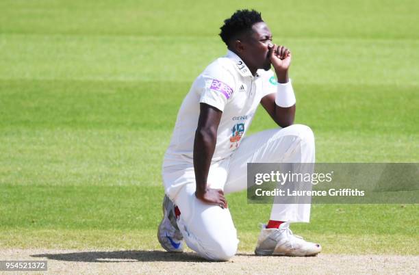 Fidel Edwards of Hampshire reacts during the Specsavers County Championship Division One match between Nottinghamshire and Hampshire at Trent Bridge...