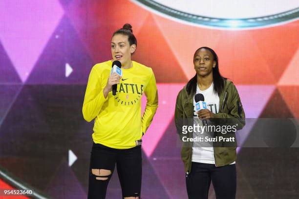 Seattle Storm basketball players Breanna Stewart and Jewell Loyd speak at Key Arena on May 3, 2018 in Seattle, Washington.