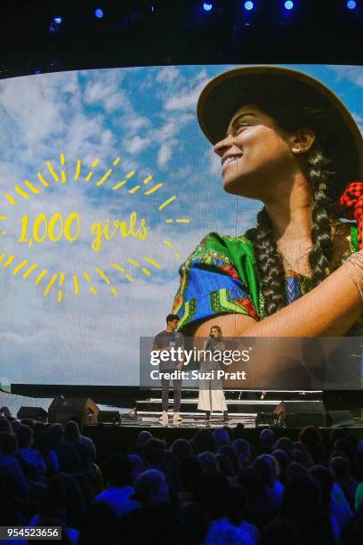 Jack Gilinsky and Olivia Holt speak at Key Arena on May 3, 2018 in Seattle, Washington.