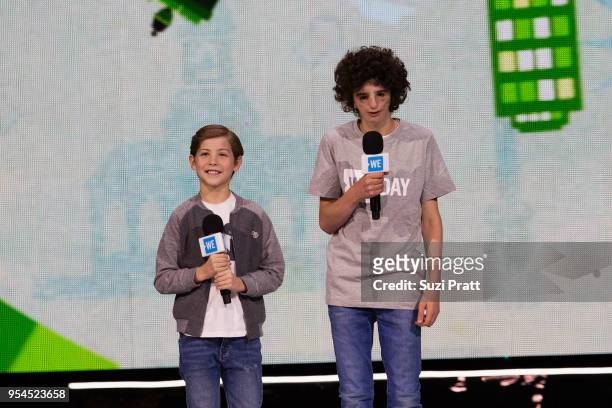 Actor Jacob Tremblay and spokesperson for Treacher Collins syndrome Nathaniel Newman speak at Key Arena on May 3, 2018 in Seattle, Washington.