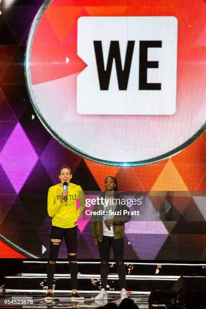 Seattle Storm basketball players Breanna Stewart and Jewell Loyd speak at Key Arena on May 3, 2018 in Seattle, Washington.