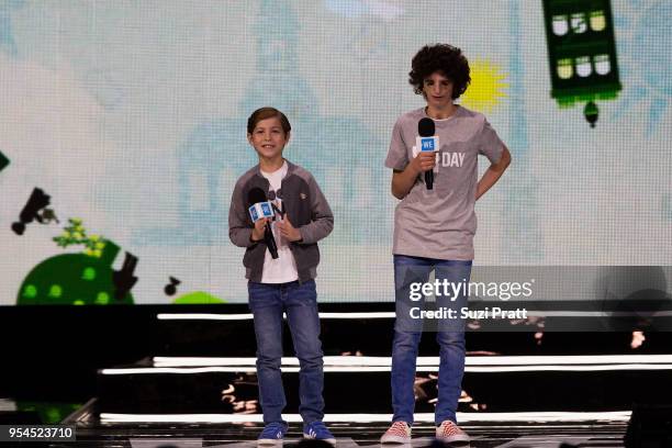 Actor Jacob Tremblay and spokesperson for Treacher Collins syndrome Nathaniel Newman speak at Key Arena on May 3, 2018 in Seattle, Washington.