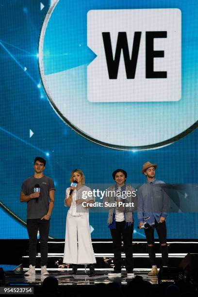 Jack Gilinsky, Olivia Holt, Anthony Gonzalez and Jack Johnson speak at Key Arena on May 3, 2018 in Seattle, Washington.