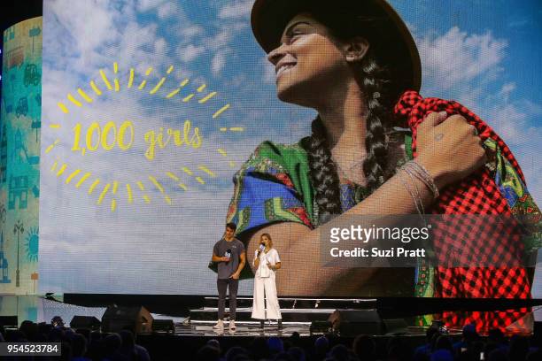 Jack Gilinsky and Olivia Holt speak at Key Arena on May 3, 2018 in Seattle, Washington.