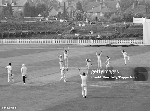 Norman Gifford of Warwickshire takes the final Lancashire wicket, Frank Hayes caught behind by Dennis Amiss , to win the Schweppes County...