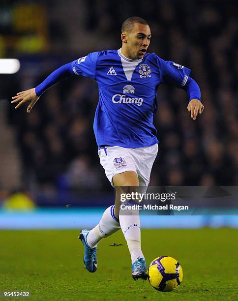 James Vaughan of Everton runs with the ball during the Barclays Premier League match between Everton and Burnley at Goodison Park on December 28,...