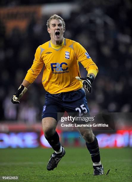 Joe Hart of Birmingham celebrates victory during the Barclays Premier League match between Stoke City and Birmingham City at The Britannia Stadium on...