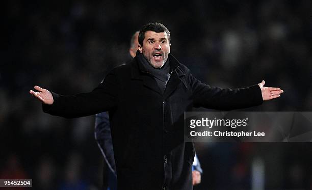 Ipswich manager Roy Keane appeals during the Coca-Cola Championship match between Ipswich Town and Queens Park Rangers at Portman Road on December...