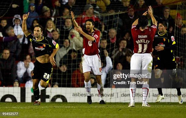 John Eustace of Watford celebrates scoring the equalising goal during the Coca Cola Championship match between Bristol City and Watford at Ashton...