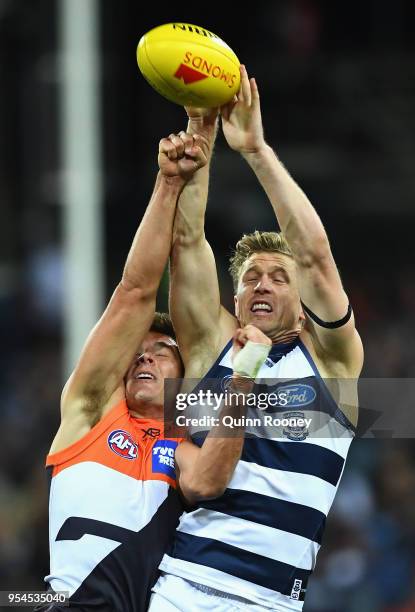 Scott Selwood of the Cats marks during the round seven AFL match between the Geelong Cats and the Greater Western Sydney Giants at GMHBA Stadium on...