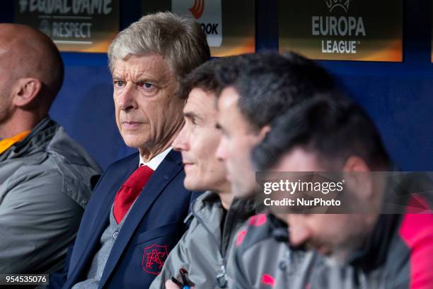 Arsenal FC coach Arsene Wendger during Europa League Semi Finals First Leg match between Atletico de Madrid and Arsenal FC at Wanda Metropolitano in...