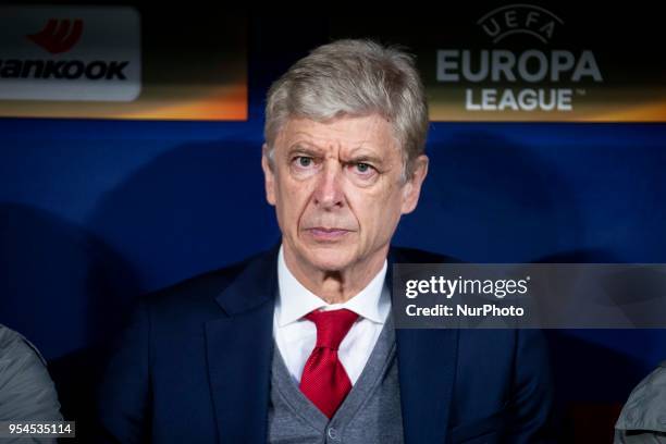 Arsenal FC coach Arsene Wendger during Europa League Semi Finals First Leg match between Atletico de Madrid and Arsenal FC at Wanda Metropolitano in...