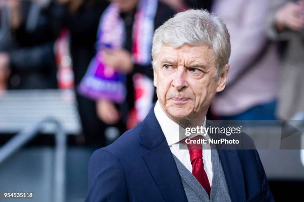 Arsenal FC coach Arsene Wendger during Europa League Semi Finals First Leg match between Atletico de Madrid and Arsenal FC at Wanda Metropolitano in...