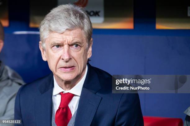 Arsenal FC coach Arsene Wendger during Europa League Semi Finals First Leg match between Atletico de Madrid and Arsenal FC at Wanda Metropolitano in...