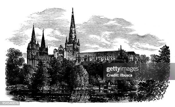 antique engraving illustration: lichfield cathedral - lichfield stock illustrations