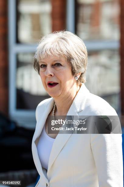 British Prime Minister Theresa May leaves Finchley and Golders Green Conservative Association on May 4, 2018 in Barnet, England. The Conservative...