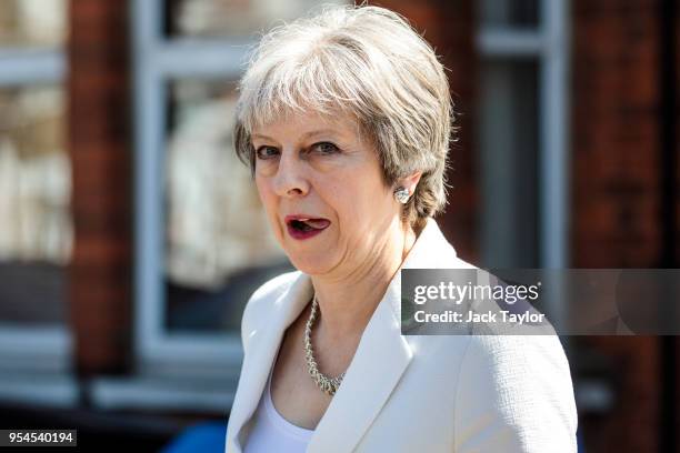 British Prime Minister Theresa May leaves Finchley and Golders Green Conservative Association on May 4, 2018 in Barnet, England. The Conservative...