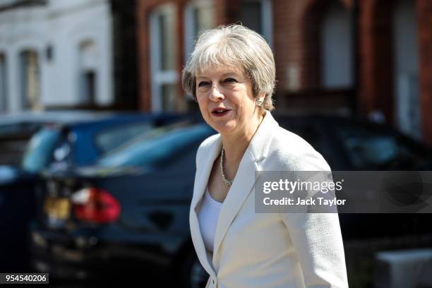 British Prime Minister Theresa May leaves Finchley and Golders Green Conservative Association on May 4, 2018 in Barnet, England. The Conservative...