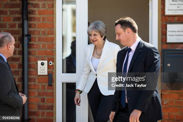 British Prime Minister Theresa May leaves Finchley and Golders Green Conservative Association on May 4, 2018 in Barnet, England. The Conservative...